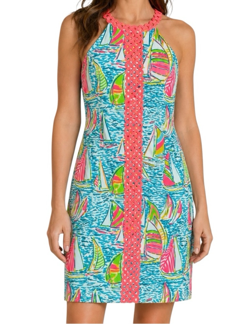 Lilly Pulitzer Sasha Shift Dress 14 Sailboat Yacht Cruise Vibrant Lace Trim NWT